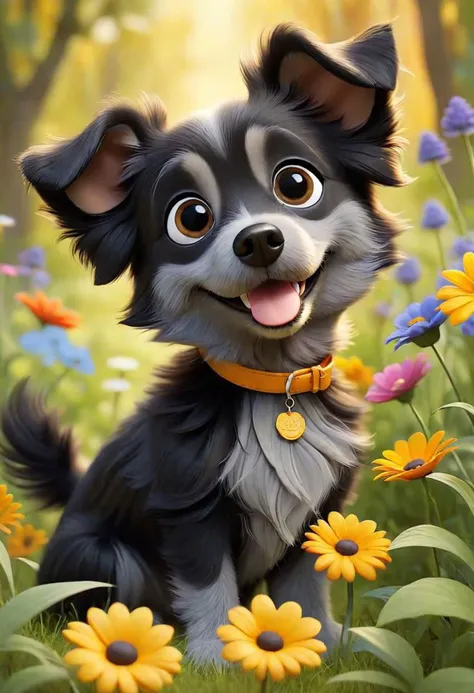 a close up of a dog in a field of flowers