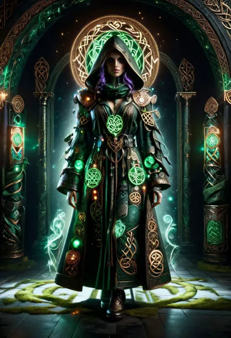 woman, hermeticwizard, mad-hrmtcwzrd, irish celtic saint Patrick, ral-cltc, intricately ornate hooded runes, talismans, (magic circle, dark library:1.4)Full Body Shot, glowing purple eyes, masterpiece, best quality, ultra high res, (photorealistic, realist...