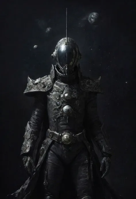 a man in armor standing in the dark with a sword