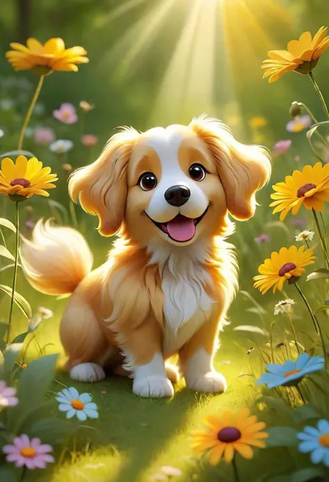 a close up of a dog sitting in a field of flowers