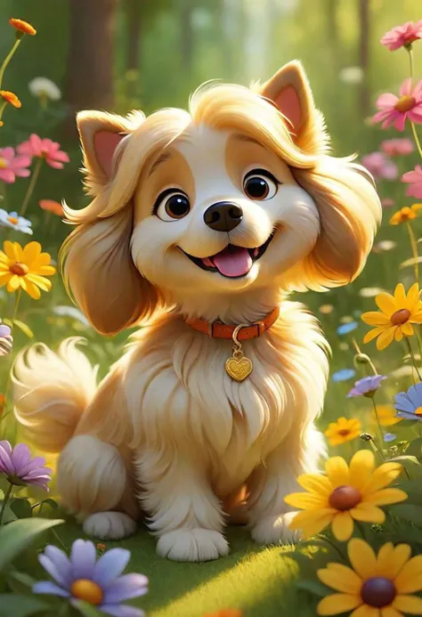 a close up of a dog sitting in a field of flowers