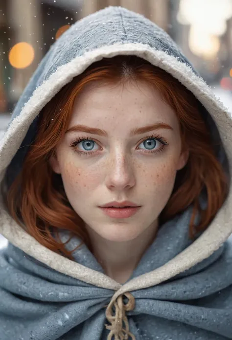 photograph of a cute adult girl, redhair, pale skin, freckles, blush, innocent, petite and youthful face, silver blue eyes, wearing a cloak, city christmas festival, snowfall, Porta 160 color, shot on ARRI ALEXA 65, bokeh, sharp focus on subject, shot by D...