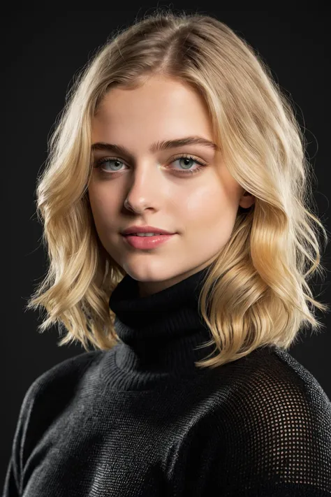 a woman with blonde hair and a black turtle neck sweater