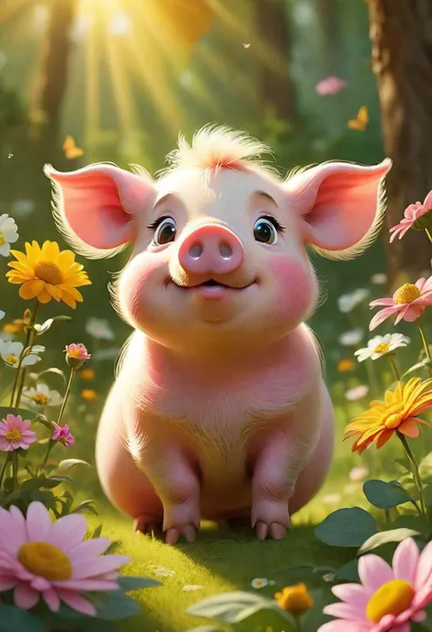 Compose a serene and captivating tale centered around the endearing fluffy cartoon pig as he ventures through a radiant summer wonderland. Envision a landscape where vibrant flowers sway gracefully in the warm breeze, the sun casts a golden hue on everythi...