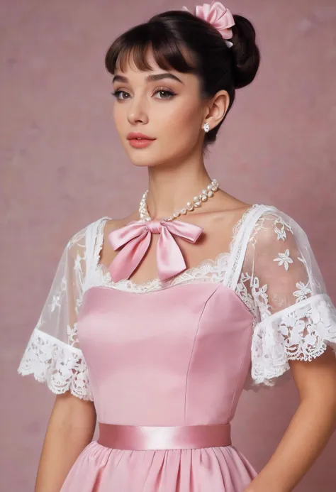 a woman in a pink dress and a white lace top