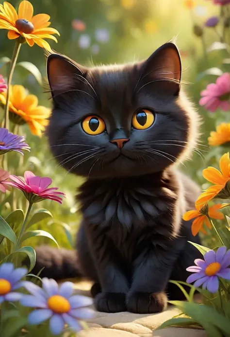 there is a black cat sitting in a field of flowers