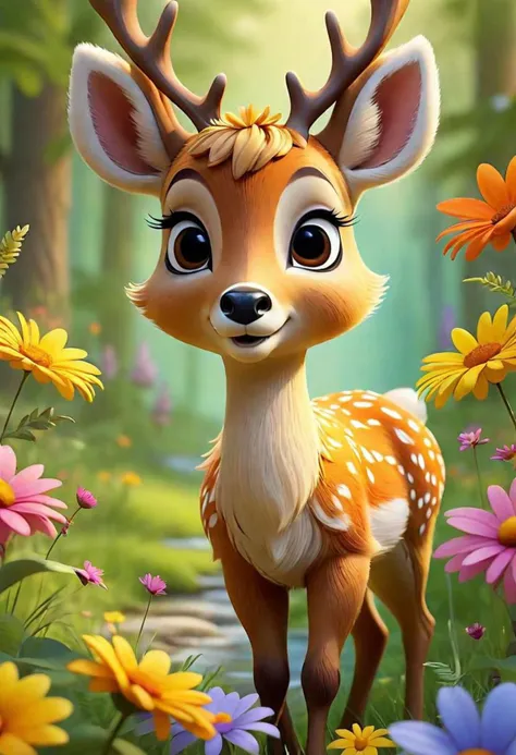 Compose a serene and captivating tale centered around the endearing fluffy cartoon deer as he ventures through a radiant summer wonderland. Envision a landscape where vibrant flowers sway gracefully in the warm breeze, the sun casts a golden hue on everyth...