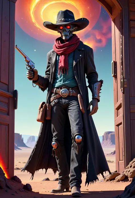 a man in a cowboy outfit holding a gun and a hat