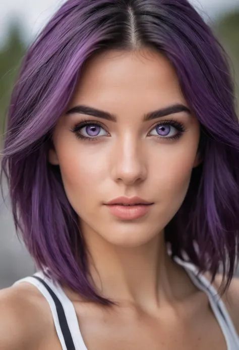 a woman with purple hair and a white tank top