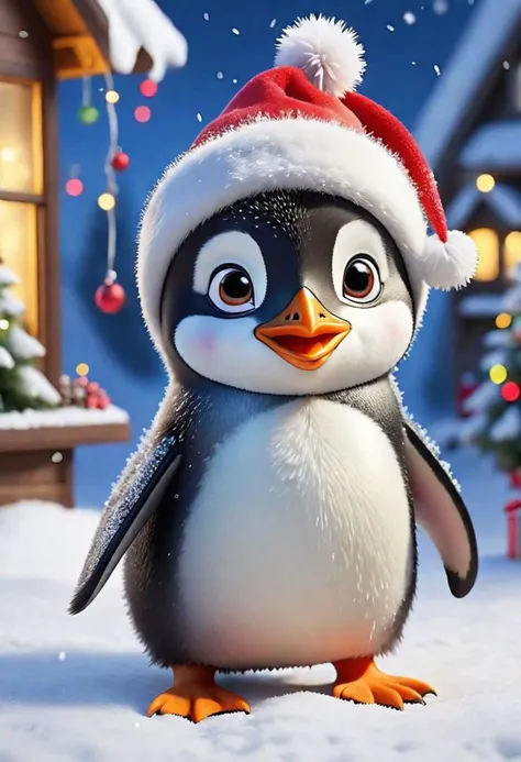 a close up of a penguin wearing a santa hat in the snow