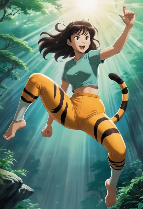 Lum (Urusei Yatsura), a girl in a tiger print tight pants jumping in the air, created by Rumiko Takahashi, knights of zodiac girl, urusei yatsura, badass pose, thighs!!!!!!
, Ghibli art style, Spirited Away art style, (glow, god rays, ethereal, dreamy, hea...