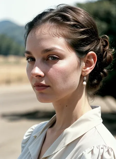 A stunning intricate color close up portrait of (sks woman:1) , wearing Bell-sleeve blouse and culottes, epic character composition, sharp focus, natural lighting, subsurface scattering, f2, 35mm, film grain, , by Dorothea Lange, <lora:lora-small-ashley-ju...