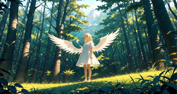 -Chocolate,
1girl,nature,forest,solo,tree,halo,outdoors,long hair,wings,angel,scenery,feathered wings,skirt,angel wings,white wings,barefoot,sunlight,day,shirt,grass,standing,dress,blonde hair,white shirt,
<lora:Chocolate-000018:0.9>,