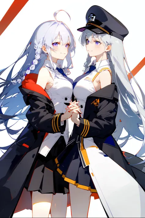 -Chocolate, enterprise (azur lane), multiple girls, 2girls, purple eyes, hat, necktie, peaked cap, sleeveless, sleeveless shirt, long hair, skirt, white hair, braid, black necktie, coat, open coat, shirt, yuri, white background, black coat, ahoge, military...