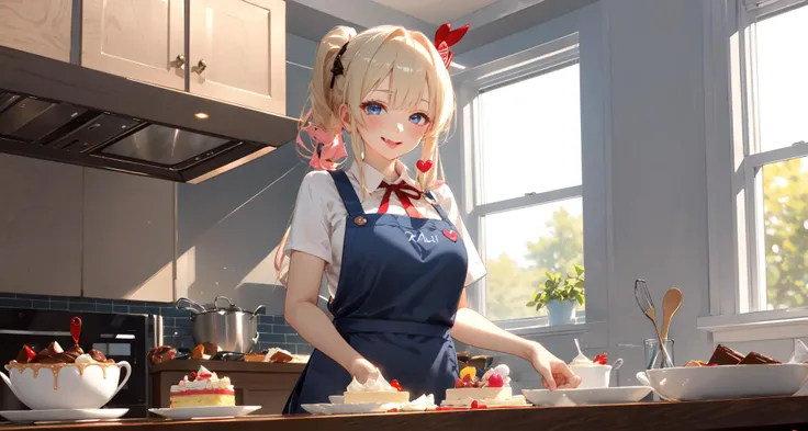 -Chocolate,
1girl,akai haato,long hair,virtual youtuber,blonde hair,apron,hair ornament,heart hair ornament,heart,food,tongue out,very long hair,tongue,pink apron,solo,shirt,ponytail,ribbon,chocolate,red ribbon,white shirt,blue eyes,bangs,short sleeves,bre...