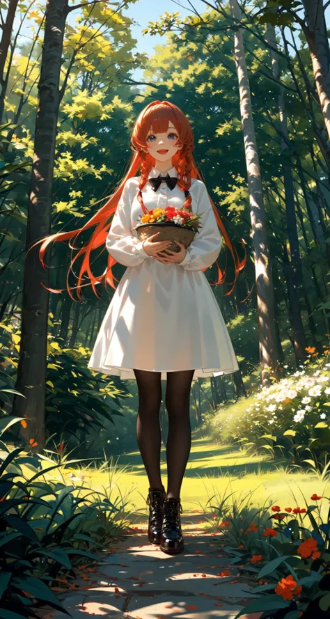 Chocolate, 1girl, solo, dress, outdoors, white dress, basket, long hair, holding, nature, standing, tree, pantyhose, shoes, black footwear, open mouth, day, long sleeves, flower, bow, bangs, orange hair, forest, blue eyes, black bow, holding basket, smile,...