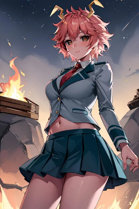 anime girl in uniform standing in front of a fire