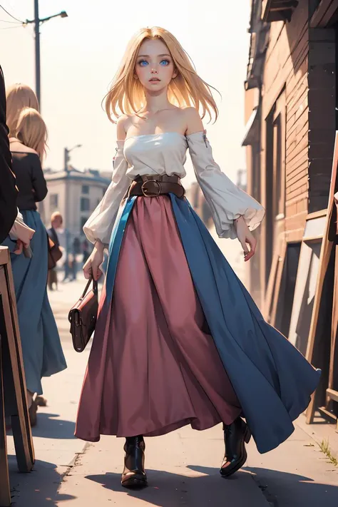 araffe dressed in a long skirt and a white top walking down a street