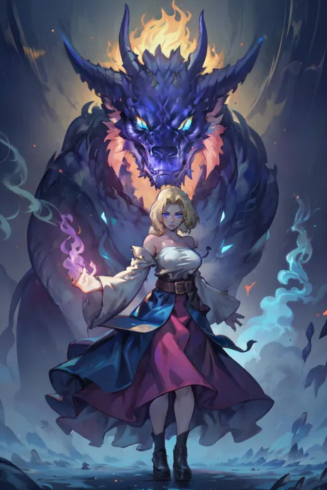 a woman in a dress and a dragon head is standing in front of a blue dragon