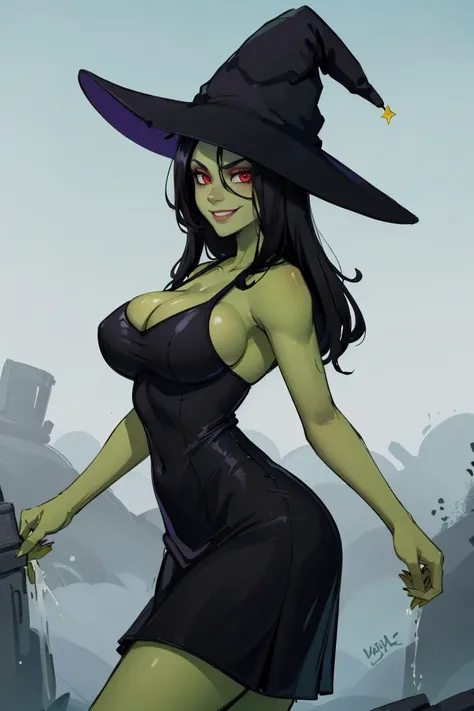 ((masterpiece,best quality)), absurdres,
<lora:Gruntilda_Anime:0.8>, Gruntilda, green skin, long black hair, black dress, red eyes, busty, smug, evil smile, 
side view, witch hat, 
solo, smiling, looking at viewer, cowboy shot, 
cinematic composition, dyna...