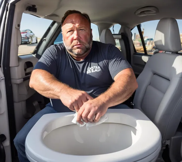 arafed man cleaning a toilet in a car with a cloth