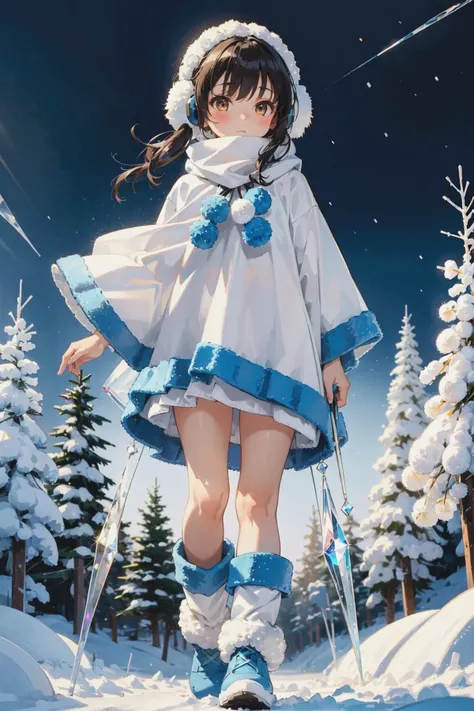 1girl, spirited, charming, cuddly,
(striped/poncho/woolly/long), poncho, muffler, earmuffs, snow_boots, full-body,
sparkle, glint, gentle,
snowfield, serene, icicles, crystal_icicles, wintry,