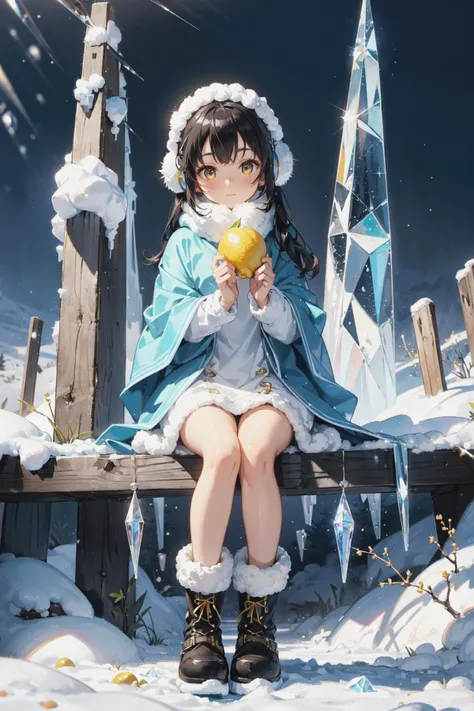 1girl, spirited, charming, cuddly,
(striped/poncho/woolly/long), lemon_poncho, muffler, earmuffs, snow_boots, full-body,
sparkle, glint, gentle,
snowfield, serene, icicles, crystal_icicles, wintry,