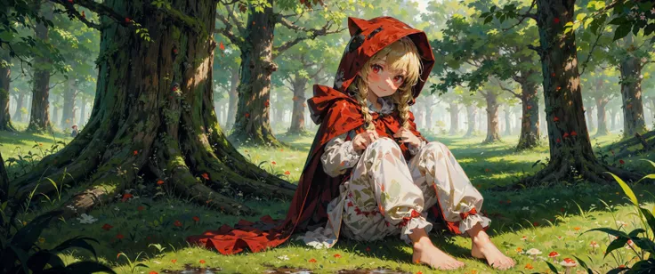 ASCIImushroom,sitting,tree,outdoors,grass,nature,1girl,blonde hair,forest,shoes,long sleeves,bangs,red headwear,hat,hood,red cape,gloves,medium hair,bloomers,barefoot,dress,long hair,day,shirt,closed mouth,full body,cape,solo,hood up,looking at viewer,red ...