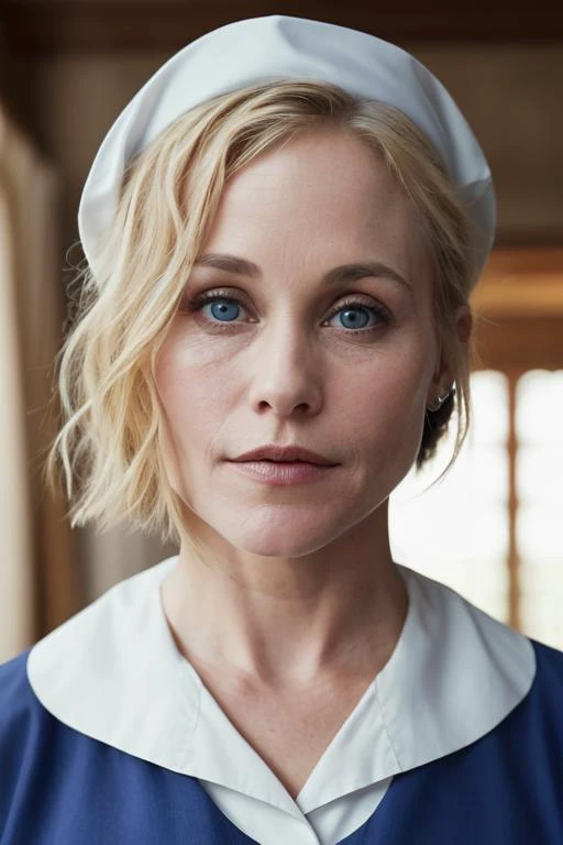 Masterpiece, best quality, elle photo of a p4t4rq wearing a 1920s nurse outfit and talking <set restore_faces>1</set>, (closeup:1.4)