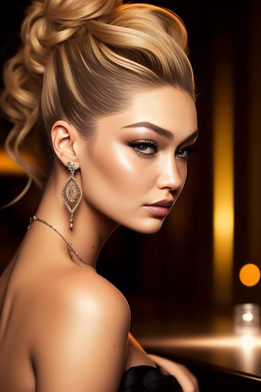 portrait photo of GigiHadid beautiful woman hair updo upsweep nightclub sitting at bar (masterpiece) (best quality) (detailed) (8k) (HDR) (wallpaper) (cinematic lighting) (sharp focus) (intricate) <lora:GigiHadid:0.9>