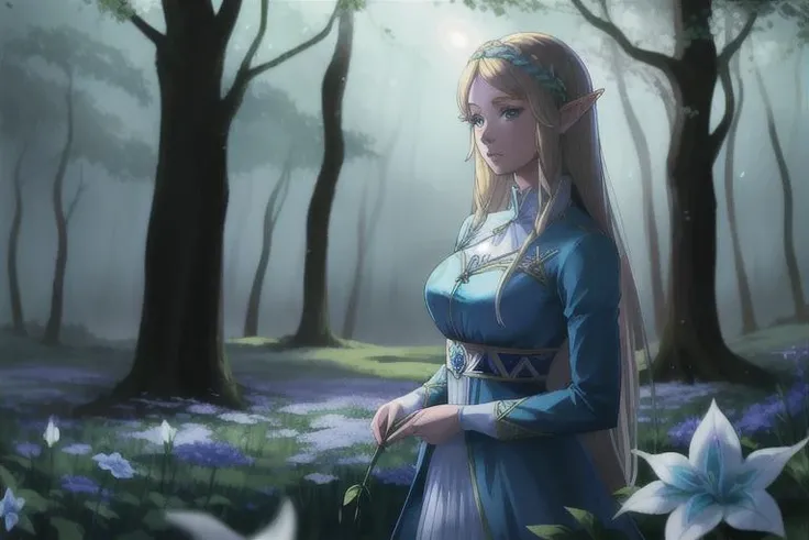 anime, cell shaded, princess zelda picking silent princess flowers, ((silent princess flower)), wide angle, from the side, not looking at viewer, voyeur, crown braid, long blue dress, long sleeves, in the forest, enchanted forest, misty, flowers, elfin, el...