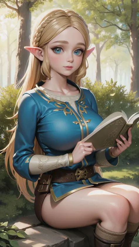 best resolution, best quality, 8K UHD, (half-body photo:1.2), detail sharpening, masterpiece,
Zelda from BOTW in forest, eye details, (face details:1.3), big breast, soft breast, artist request, belt, blonde hair, blue shirt, boots, green eye, Intricate de...