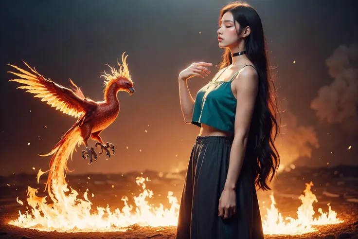 a woman in a long dress standing in front of a fire with a bird flying above her