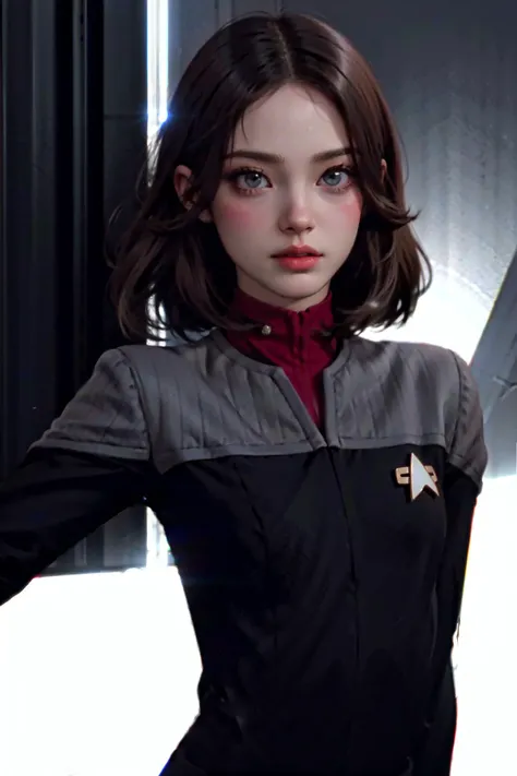 (ds9st command:1.2) clothes,1girl, solo, (skinny:1.2), (small breasts:1.2), (straight hair, medium hair, dark brown hair:1.2), (light eyes, eyeliner, eyeshadow, eyelashes, natural makeup)  <lora:Ds9Divi:0.8>