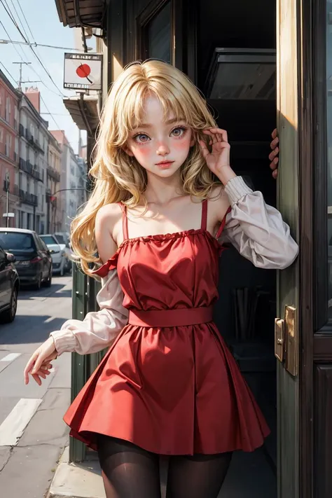 a woman in a red dress is standing in a doorway