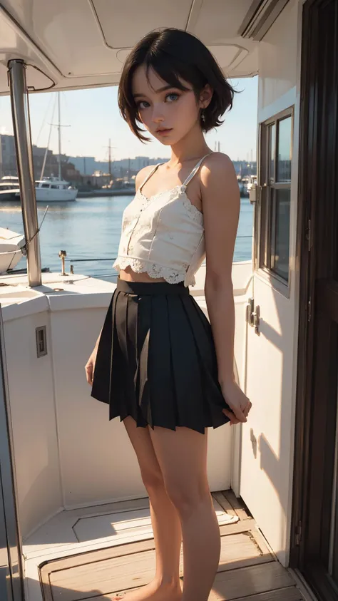 araffed asian woman in a skirt and top on a boat