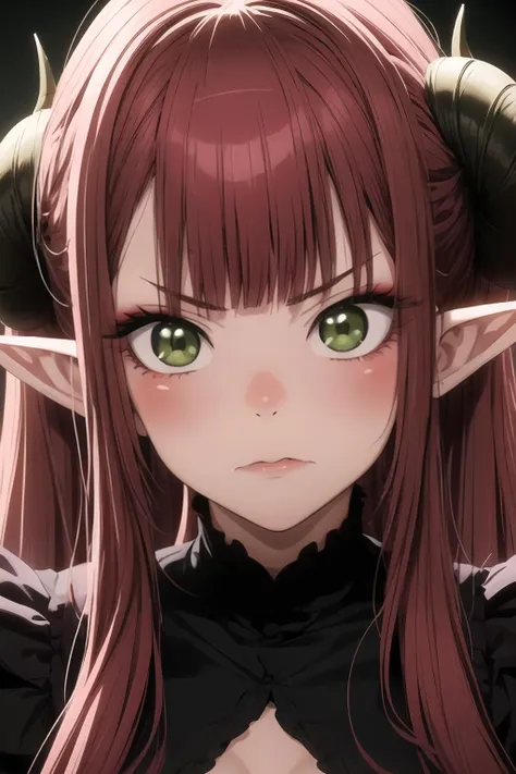 a close up of a anime girl with horns and green eyes