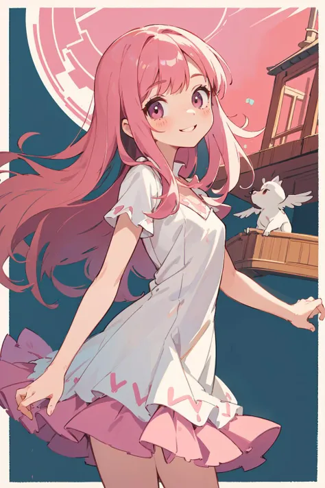 best quality, amazing intricate, cute girl, round eyes, smile, medium breast,
pink hair, long hair, , ,
Panoramic, cowboy shot, arm at her side,
two-tone dress, frilled dress, ,
on a yacht