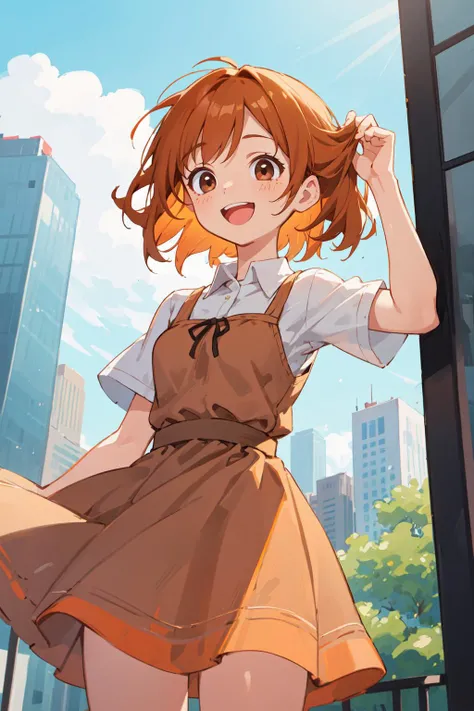 best quality, amazing intricate, cute girl, round eyes, happy, :d, medium breast, 
orange hair, medium hair, , holding hair, 
from front, cowboy shot, looking away, 
brown dress, sundress, argyle dress, 
on top of a skyscraper