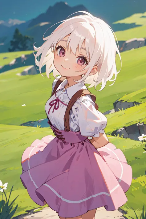 best quality, amazing intricate, cute girl, round eyes, smile, medium breast, 
white hair, medium hair, , hair flip, 
From Above, cowboy shot, arms behind her back, 
pink dress, dirndl, , 
in an alpine lodge