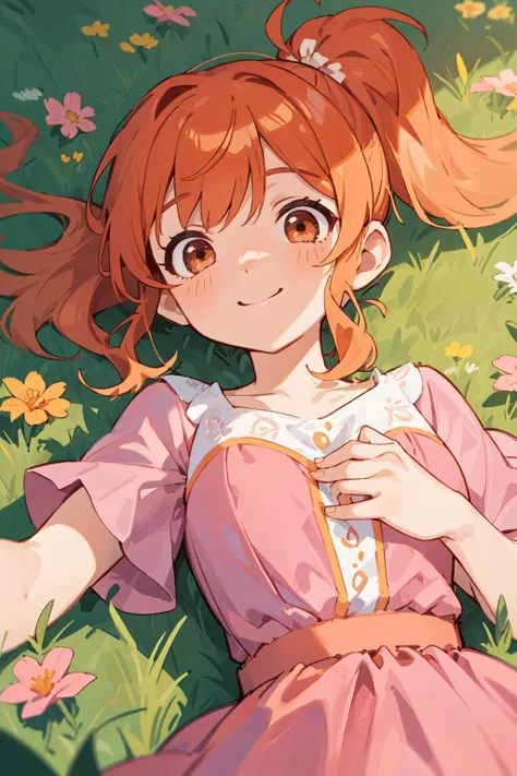 best quality, amazing intricate, cute girl, round eyes, smile, medium breast,
orange hair, medium hair, side ponytail, ,
Panorama, upper body, laying down,
pink dress, flowing dress, ,
in a summer meadow