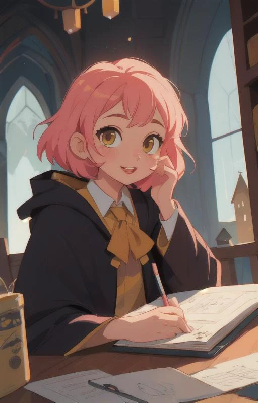 1girl, short pink hair,(hufflepuff House Cloak),( inner cloak yellow:1), (outer cloack black:1),yellow eyes, looking at viewer, solo, upper body,(masterpiece:1.4),(best quality:1.4),red lips,parted lips, ((hogwarts castle:1)),(indoor castle:1),dramatic sha...