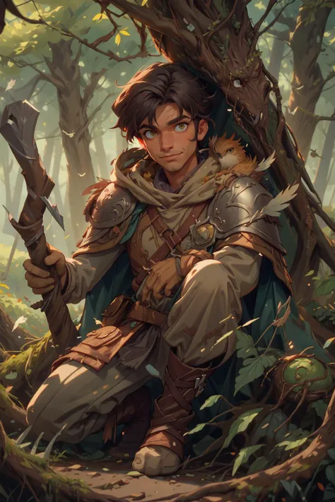 a man in a forest with a sword and a bird