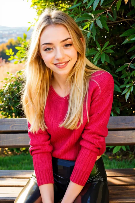 arafed woman sitting on a bench in a red sweater