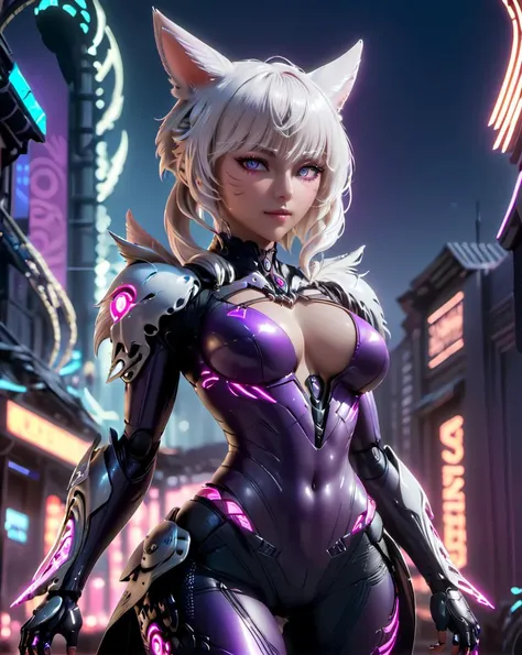 cyberpunk style yshtola, cat ears, white hair, bangs, miqote, cybernetic clothes, glowing cybernetic implants, stylish pose, full body, cyberpunk city. cyberpunk, vaporwave, neon, vibes, vibrant, stunningly beautiful, crisp, detailed, sleek, ultramodern, m...