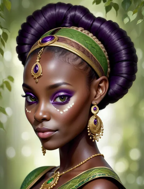 1girl,(((many pale skinned areas on face))),(((dark skinned African woman))),(((Vitiligo))),masterpiece, (purple eyes), best quality, ultra high res,dark theme, ((Dark Brown hair)) ((hair in a Chignon bun)), dark skinned, green tunic, ((elf ears)), (ornate...