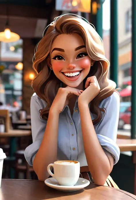 1girl, sitting in a coffee shop, big smile, coffee cup in hand, skirt, button up shirt