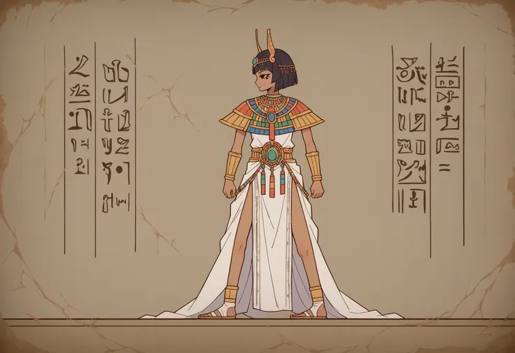 an egyptian woman in a white dress and headdress with egyptian writing