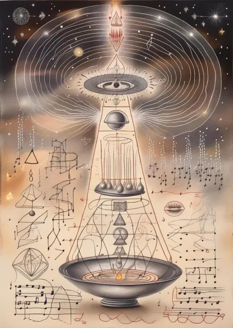 Quantum Quills: Silver saucers, cosmic quills ablaze, script quantum equations across starlit skies, composing the symphony of esoteric knowledge.<lora:UFO_Alchemy_sdxl:1.0>