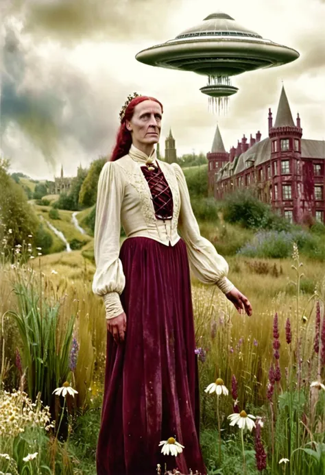 arafed woman in a long dress standing in a field with a flying saucer